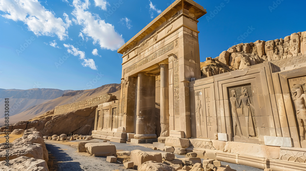 Fototapeta premium The entrance to the ancient temple ofcity, in an oasis on top of mountainous land with blue sky and white clouds