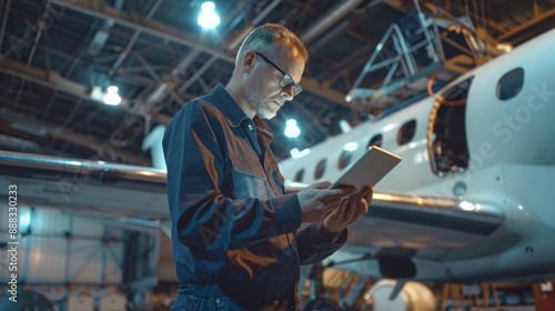 Aircraft maintenance mechanic in uniform is going down the stairs while reading papers in a hangar.