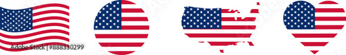 USA flag icons vector set. United States of America flat  badges.Flag of usa vector flat symbol collection.USA flag labels set.Set of American flag icons in the shape of heart.