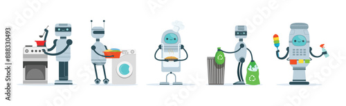 Robots Do Housework and Domestic Chores Vector Set