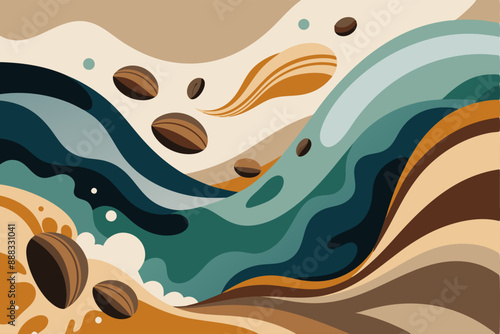 Create the perfect backdrop for Coffee Day with abstract waves of coffee colors and coffee beans