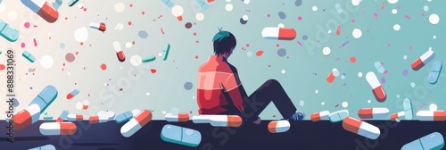 The problem of alcohol and drug abuse. Horizontal banner. Young man sitting alone surrounded by pills. Free space for text. alcohol and drug addiction recovery month. Say no to drugs and alcohol photo