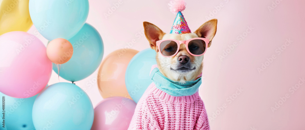 Chihuahua Dog Wearing Sunglasses and Party Hat Posing for a Birthday Celebration Chihuahua Dog Wearing Sunglasses and Party Hat Posing for a Birthday Celebration