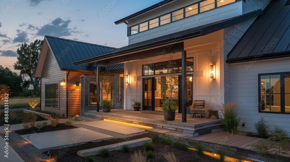 suburban modern farmhouse with a blend of rustic and industrial design elements, featuring an inviting front porch with modern lighting suburban modern farmhouse with a blend of rustic and industrial design elements, featuring an inviting front porch with modern lighting