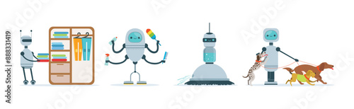 Robots Do Housework and Domestic Chores Vector Set