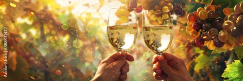 Wine festival. Two hands with glasses of white wine, bunches of grapes on the background of a vineyard at sunset. Horizontal banner, copy space. For menu, label, flyer, card, poster photo