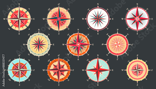 Vintage marine wind rose, nautical chart. Colorful navigational compass with cardinal directions of North, East, South, West. Geographical position, cartography and navigation. Vector illustration