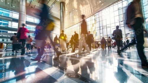 Busy businessmen and businesswomen walking in rush through modern city hall blurred motion in crowded urban fast lifestyle in business world ideal for concepts related to travel economy street life