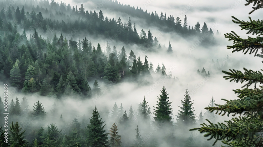 Fototapeta premium Enchanted Vintage Misty Fir Forest Landscape - Generative AI