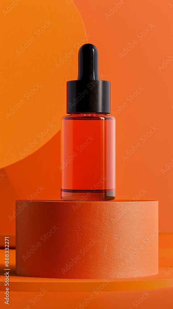 A bottle of perfume is sitting on a pedestal in front of a red background A bottle of perfume is sitting on a pedestal in front of a red background