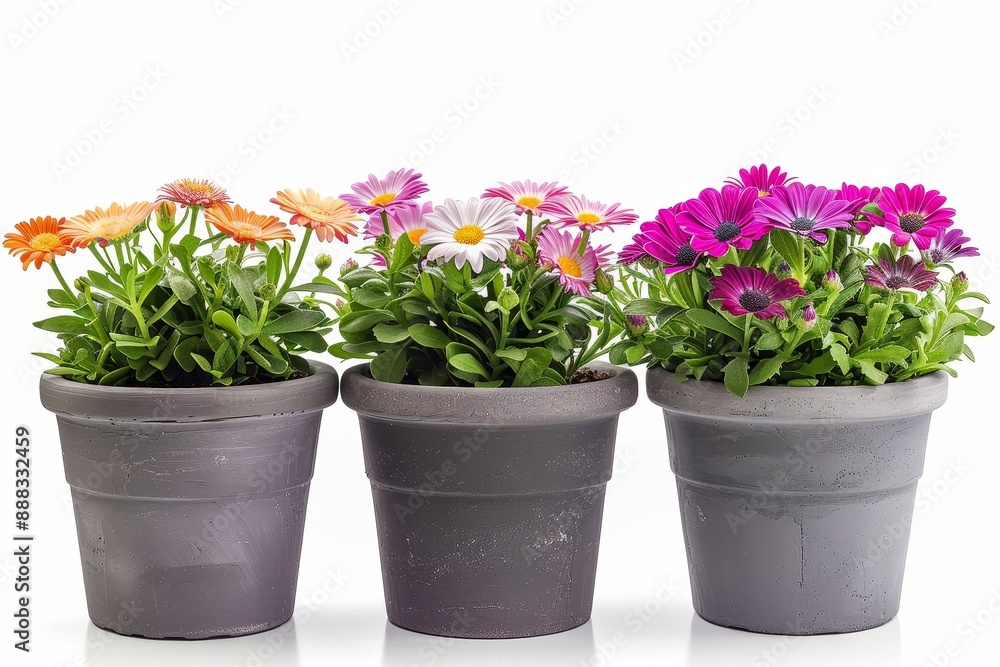 Gray potted Bellis flowers on white background Gray potted Bellis flowers on white background