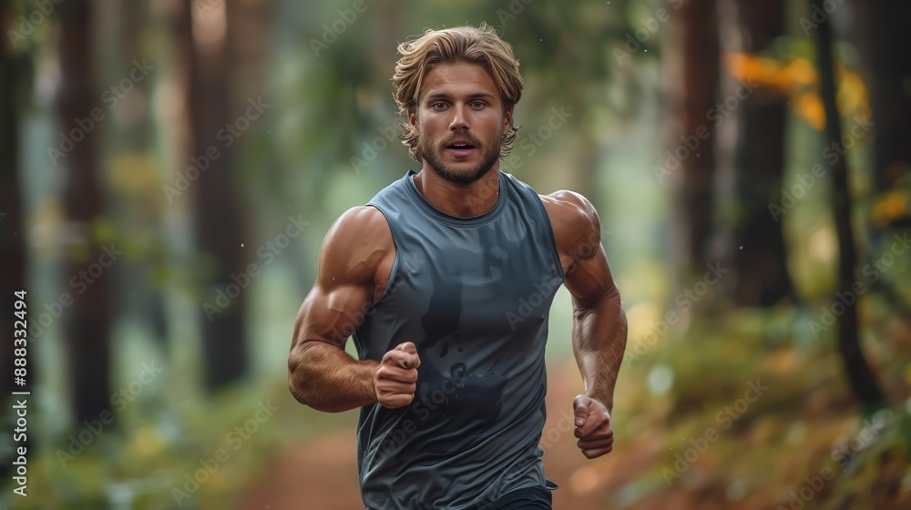 An athletic individual jogs along a forest trail surrounded by lush greenery, exemplifying health and an active lifestyle An athletic individual jogs along a forest trail surrounded by lush greenery, exemplifying health and an active lifestyle