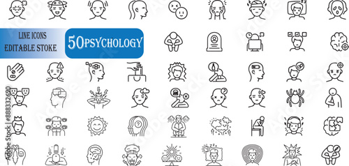 Set of 50 outline icons related to psychology.