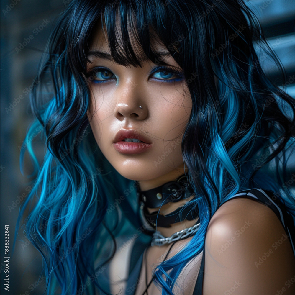 Naklejka premium portrait of a girl, vivid color, black wig with blue