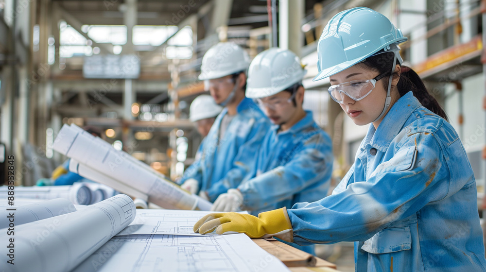 a team of Japanese engineers working on a construction project, with blueprints, safety gear, and collaboration at a construction site, Families in Japan, Japanese engineering, eve a team of Japanese engineers working on a construction project, with blueprints, safety gear, and collaboration at a construction site, Families in Japan, Japanese engineering, eve