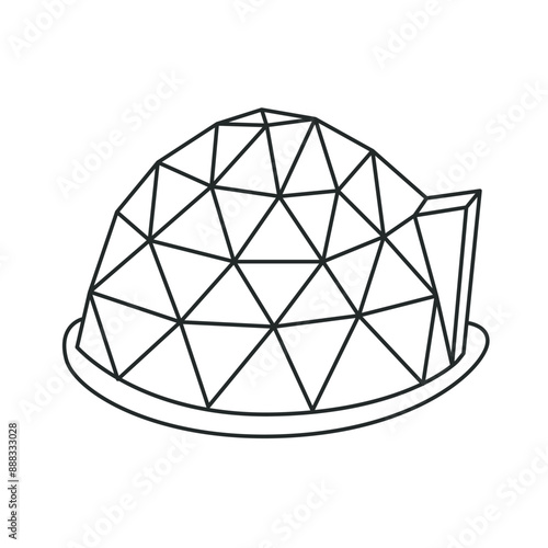Icon of geodesic dome made of glass. Touristic hand drawn colored drawing for glamping vacation. Flat line style glamping travel logo. Vector illustration.