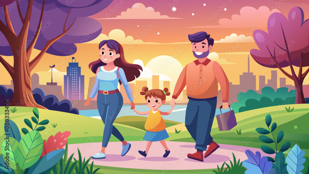 people in the park. happy family walking a silhouette at sunset. mom ...