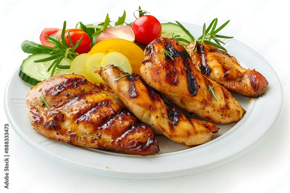 Grilled chicken and vegetables on white background Grilled chicken and vegetables on white background