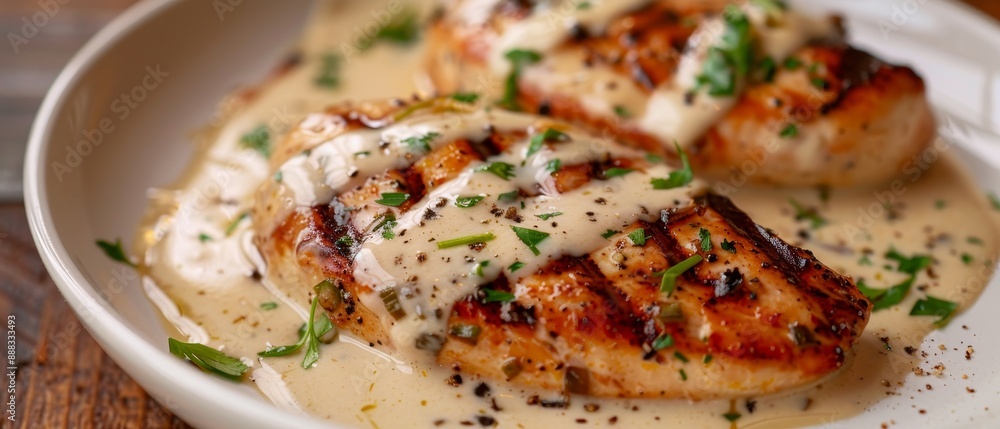Grilled chicken breast with creamy cheese sauce on white plate on dark wood background Grilled chicken breast with creamy cheese sauce on white plate on dark wood background