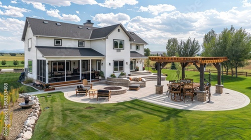 classic suburban farmhouse with a large backyard designed for entertaining, including a fire pit, outdoor kitchen, and a custom-built wooden gazebo