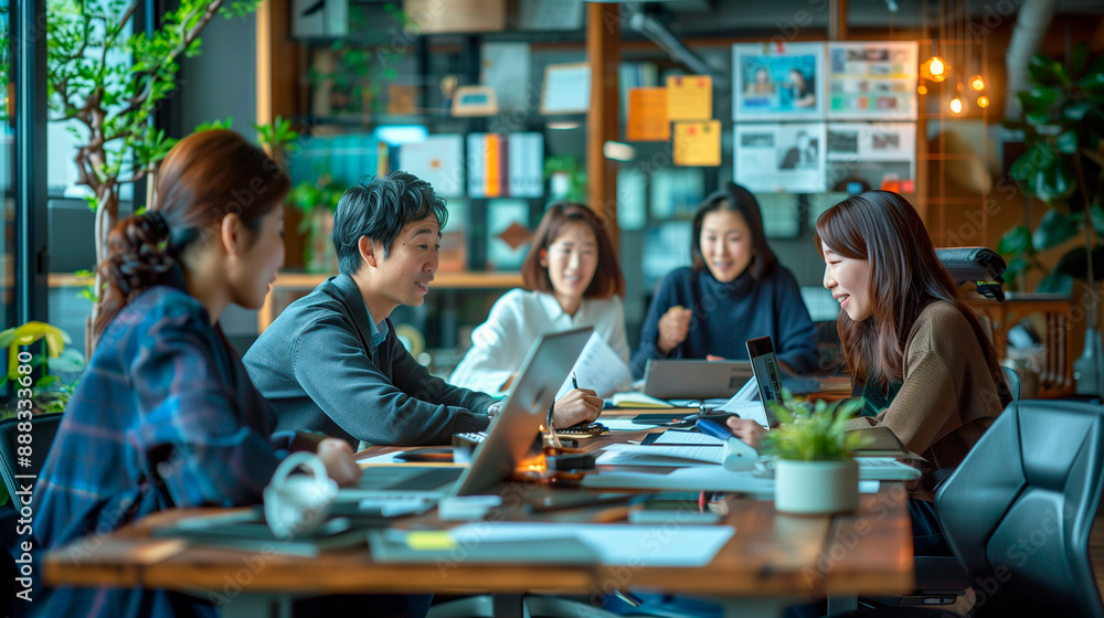 a group of Japanese translators and interpreters in a modern office, translating documents, conducting video calls, and collaborating on projects, Families in Japan, Japanese langu a group of Japanese translators and interpreters in a modern office, translating documents, conducting video calls, and collaborating on projects, Families in Japan, Japanese langu