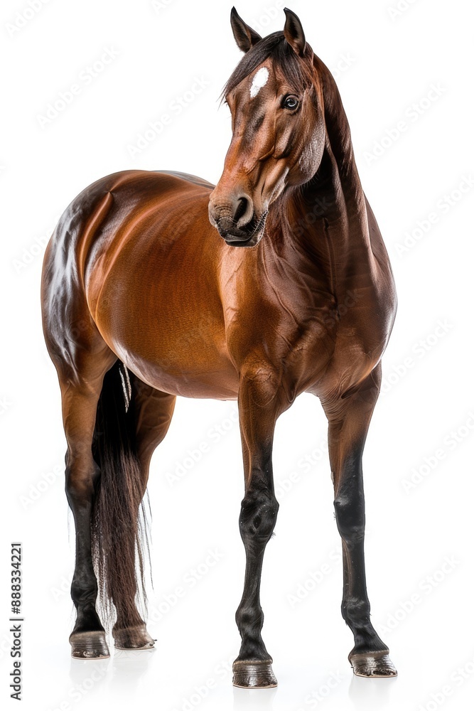 Obraz premium Horse Front. Bay Horse Standing Isolated on White Background in Studio Shot