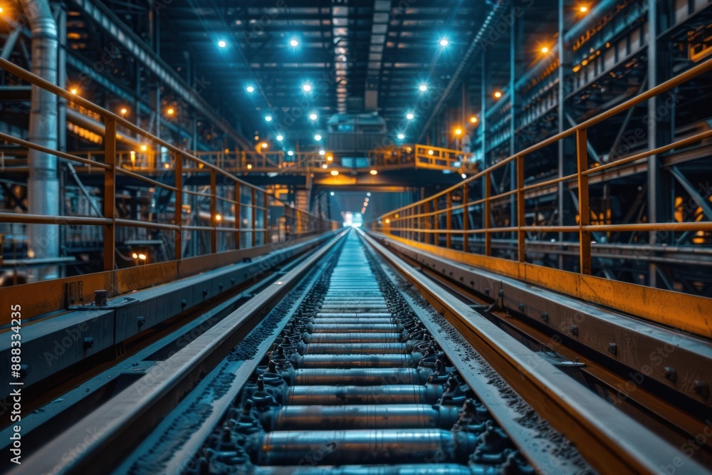 A perspective view of industrial railway tracks leading into a brightly lit factory A perspective view of industrial railway tracks leading into a brightly lit factory