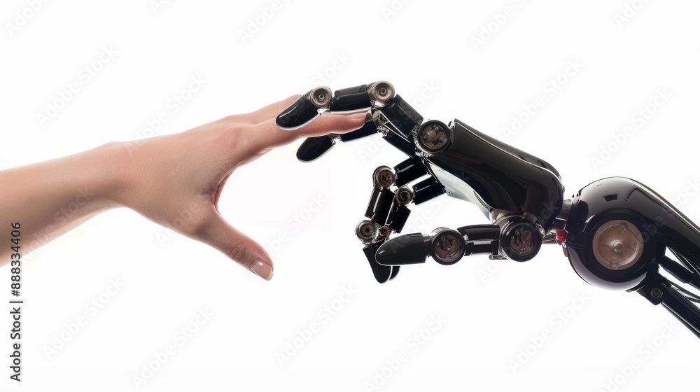 Hands of robot and human touching isolated on white. Machine learning, Technology meets humanity Hands of robot and human touching isolated on white. Machine learning, Technology meets humanity