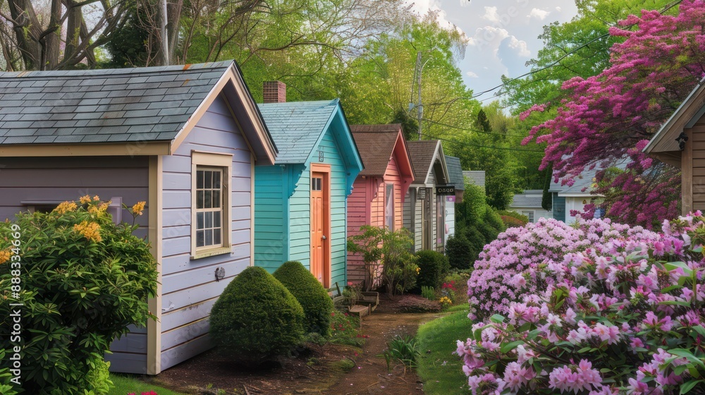 Suburban farmhouse with a series of small, quaint outbuildings, each painted a different pastel color, nestled among flowering shrubs Suburban farmhouse with a series of small, quaint outbuildings, each painted a different pastel color, nestled among flowering shrubs