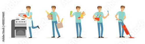 Man Character Doing Household and Domestic Chores Vector Set