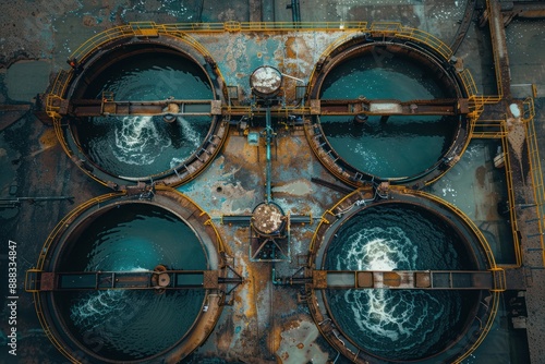 Four large circular tanks filled with water and surrounded by yellow safety railings