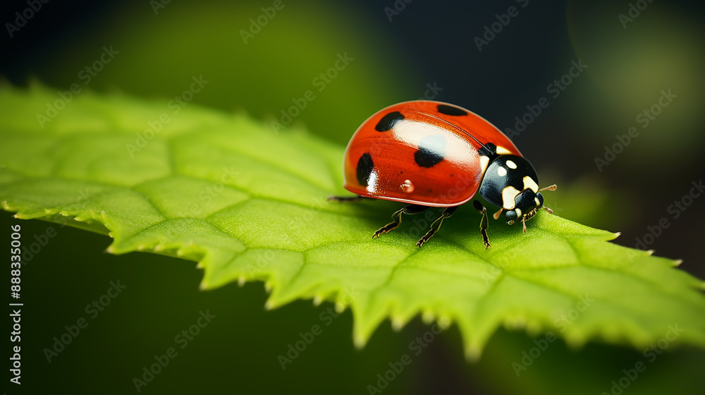 Fototapeta premium Beautiful Ladybug on Leaf in Natural Green Environment