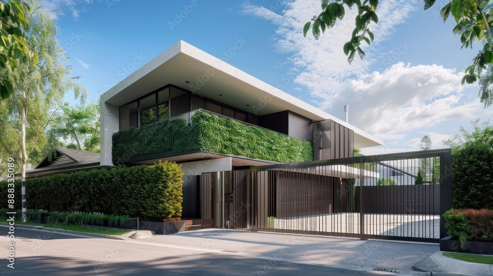 Modern suburban farmhouse with an ultra-modern steel gate and privacy hedges, featuring an angular, minimalist architecture Modern suburban farmhouse with an ultra-modern steel gate and privacy hedges, featuring an angular, minimalist architecture