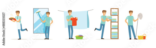 Man Character Doing Household and Domestic Chores Vector Set