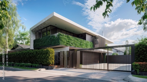 Modern suburban farmhouse with an ultra-modern steel gate and privacy hedges, featuring an angular, minimalist architecture