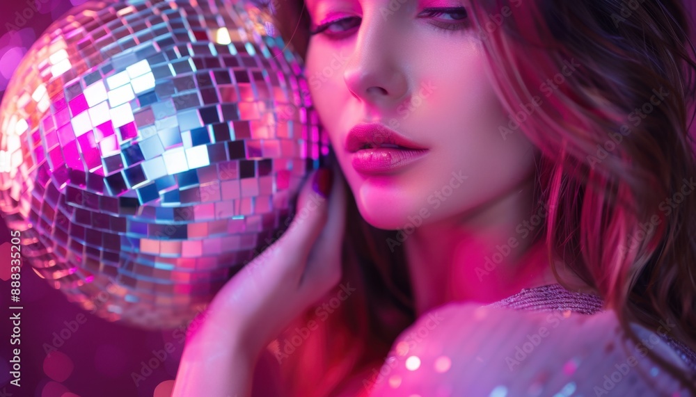 Close Up Of Woman's Face Illuminated By Disco Ball In Pink Neon Light Close Up Of Woman's Face Illuminated By Disco Ball In Pink Neon Light