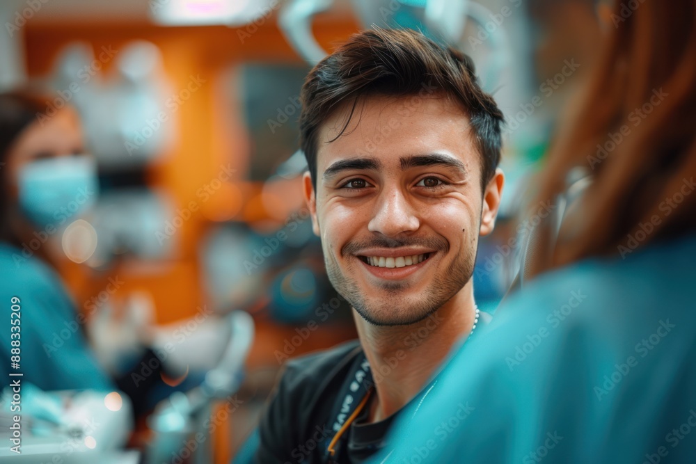 Naklejka premium A young man in scrubs smiles warmly at a colleague, likely in a hospital or clinic