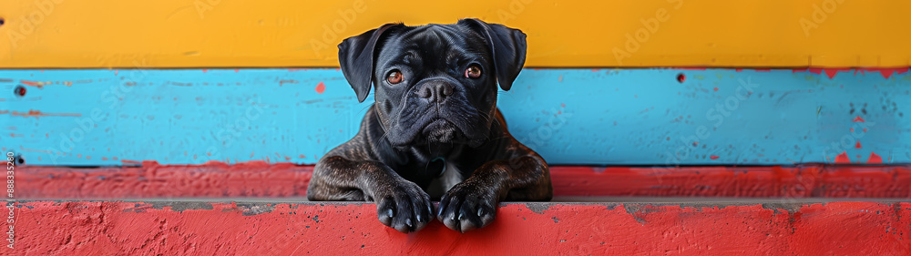Black Dog Leaning On Colorful Wooden Wall Black Dog Leaning On Colorful Wooden Wall