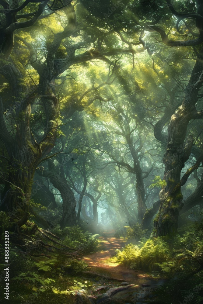Mystical forest with dense vegetation, shrouded in mist and illuminated by sunlight beams. Mystical forest with dense vegetation, shrouded in mist and illuminated by sunlight beams.
