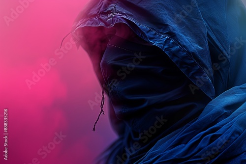 Mysterious figure cloaked in dark blue surrounded by a foggy pinkhued background evoking a sense of intrigue and enigma with contrasting colors and a dramatic shadowy setting photo