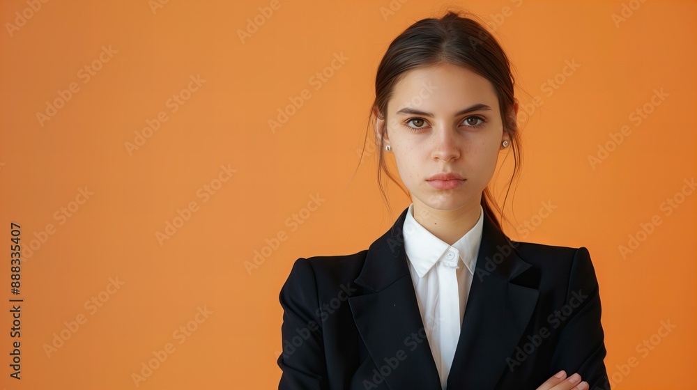 studio photo of an attractive, young businesswoman, model in black jacket a and white shirt isolated on yellow with copy space studio photo of an attractive, young businesswoman, model in black jacket a and white shirt isolated on yellow with copy space