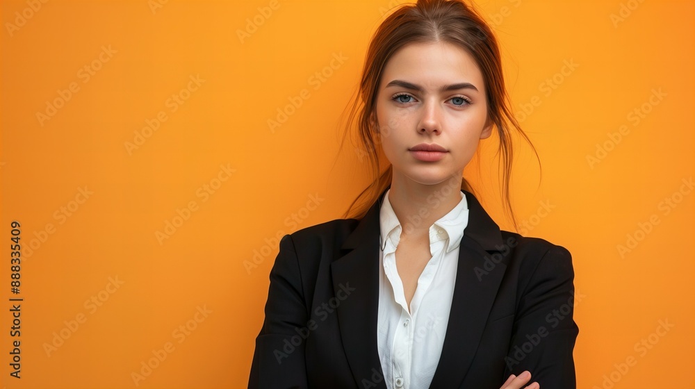 studio photo of an attractive, young businesswoman, model in black jacket a and white shirt isolated on yellow with copy space studio photo of an attractive, young businesswoman, model in black jacket a and white shirt isolated on yellow with copy space
