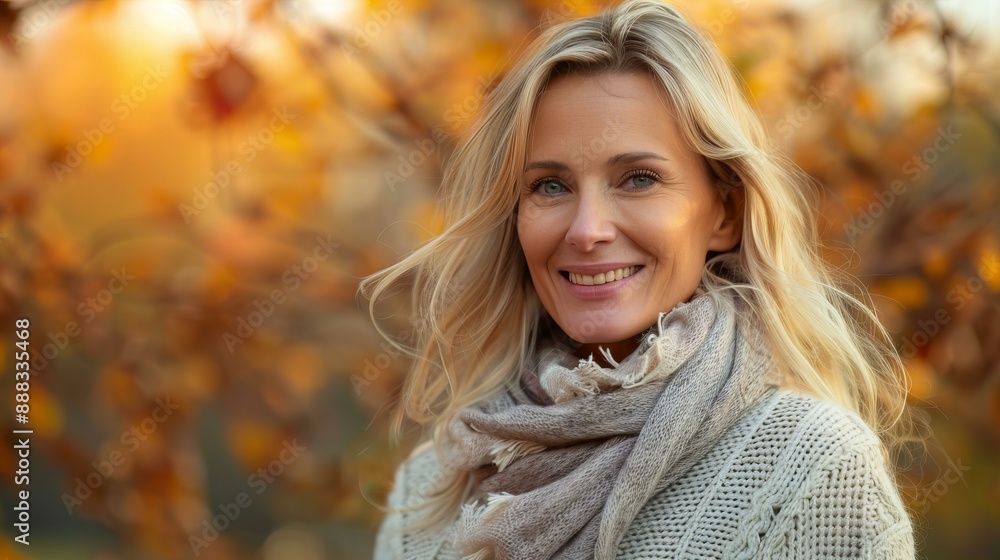 beautiful, blond and smiling mature woman in a park in autumn beautiful, blond and smiling mature woman in a park in autumn