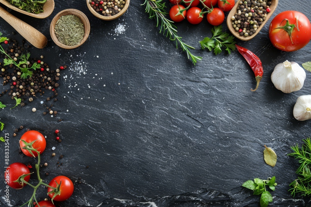 Healthy food background with fresh organic vegetables spices herbs on slate From garden Healthy food background with fresh organic vegetables spices herbs on slate From garden