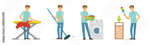 Man Character Doing Household and Domestic Chores Vector Set