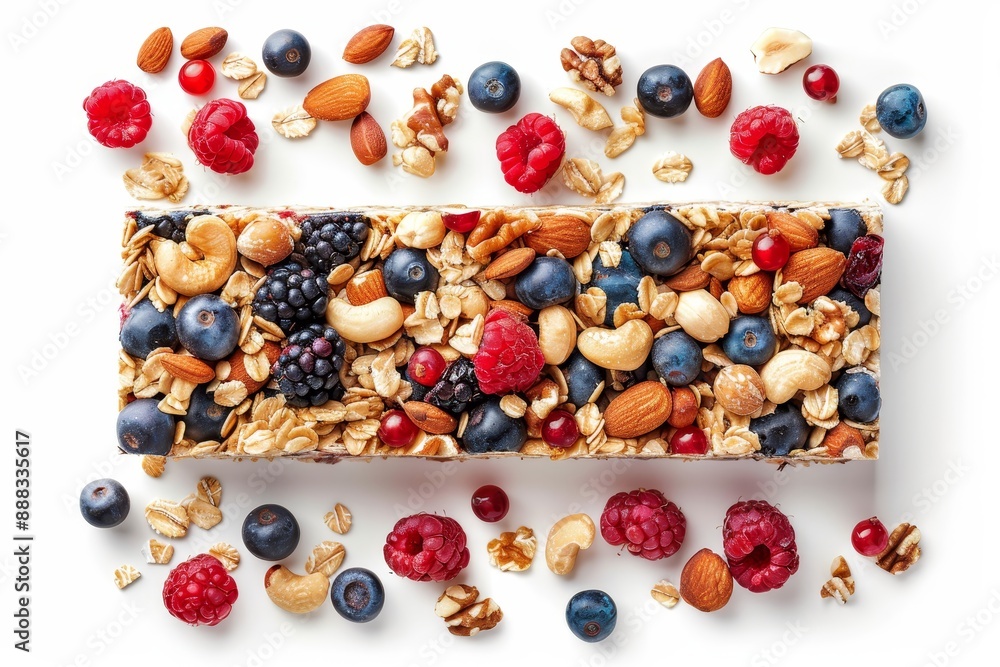 Healthy muesli granola bar with nuts berries and oat flakes Top down view on white Healthy muesli granola bar with nuts berries and oat flakes Top down view on white