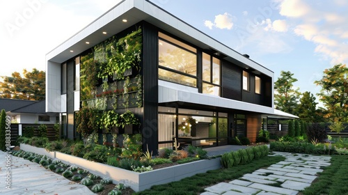 modern suburban farmhouse with a minimalist black and white exterior, accented by sustainable landscaping and a vertical garden wall photo