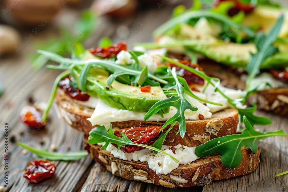 Healthy toast with goat cheese avocado arugula sun dried tomatoes on wooden table Close up shot Healthy toast with goat cheese avocado arugula sun dried tomatoes on wooden table Close up shot