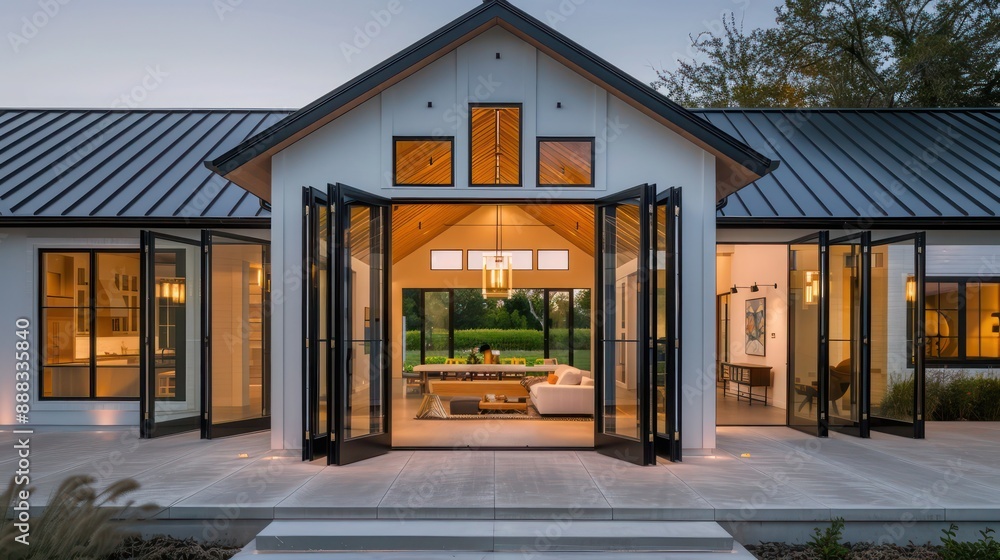 Obraz premium modern suburban farmhouse with a front facade dominated by large, pivoting glass doors that open to blend the indoor and outdoor living spaces