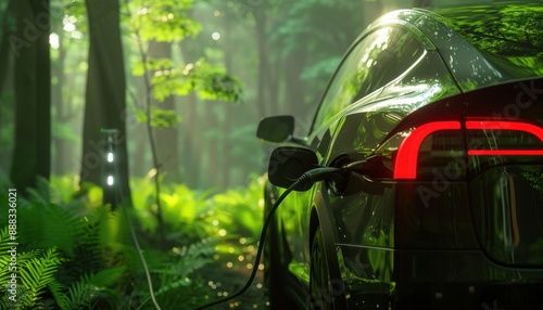 Electric Car Charging in a Lush Forest Setting During Morning Light photo